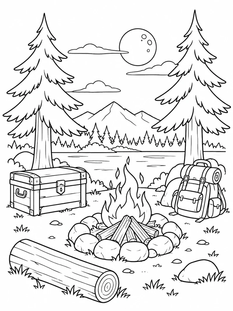A 99 Nights in the Forest fan-art campsite with a stone-ring campfire, wooden supply chest, backpack, and two pine trees.