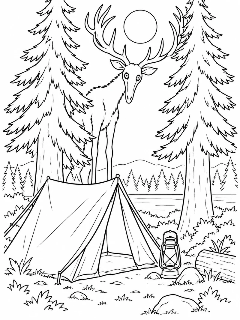 The tall antlered Deer from 99 Nights in the Forest peers between two distant pines behind an empty tent and a lantern.