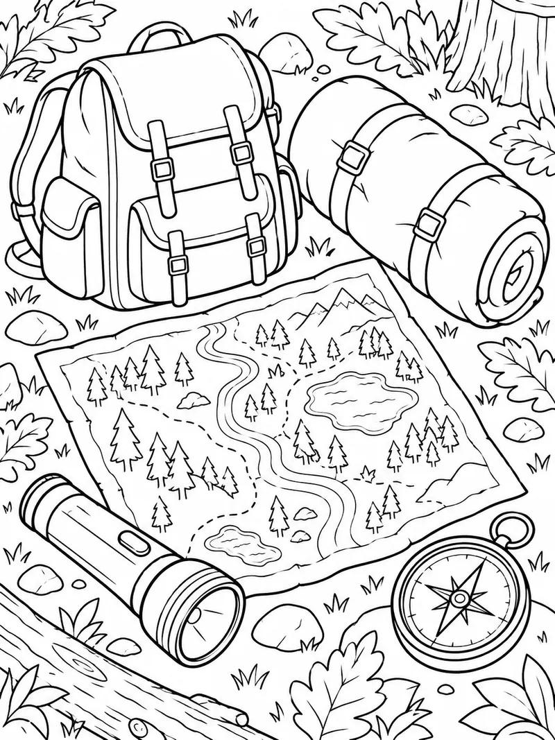 A 99 Nights in the Forest inspired flat lay of a simple unlabeled forest map, flashlight, backpack, compass, and rolled sleeping bag.