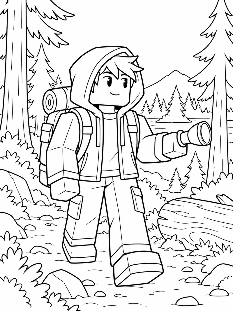 A friendly blocky 99 Nights in the Forest survivor in a hooded jacket and backpack holds a flashlight on a pine-forest trail.