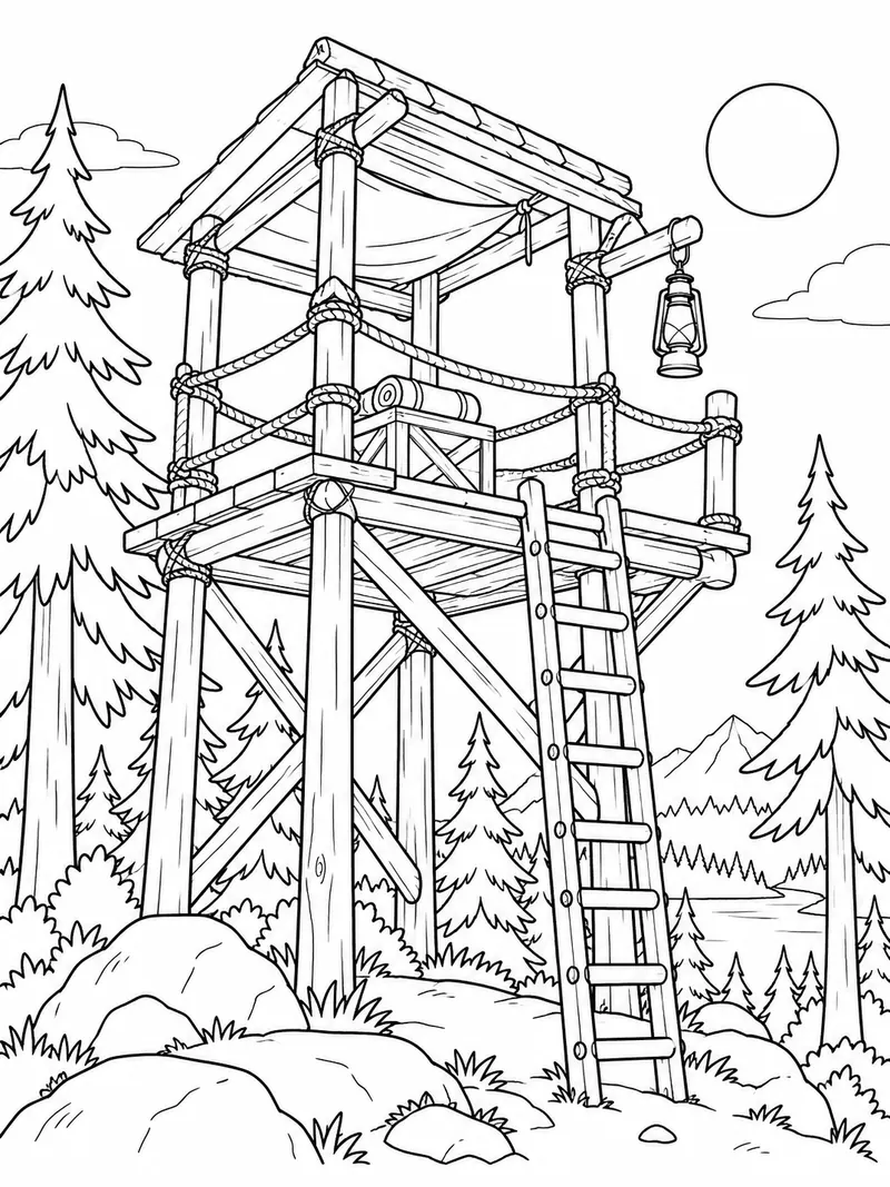 A 99 Nights in the Forest inspired wooden lookout platform stands among pines, with a ladder, rope rail, lantern, and supply crate.