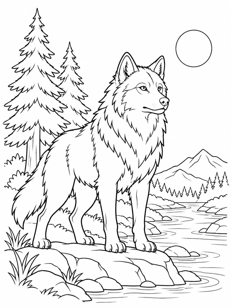 A stylized watchful wolf inspired by 99 Nights in the Forest stands beside a narrow river and two pine trees.