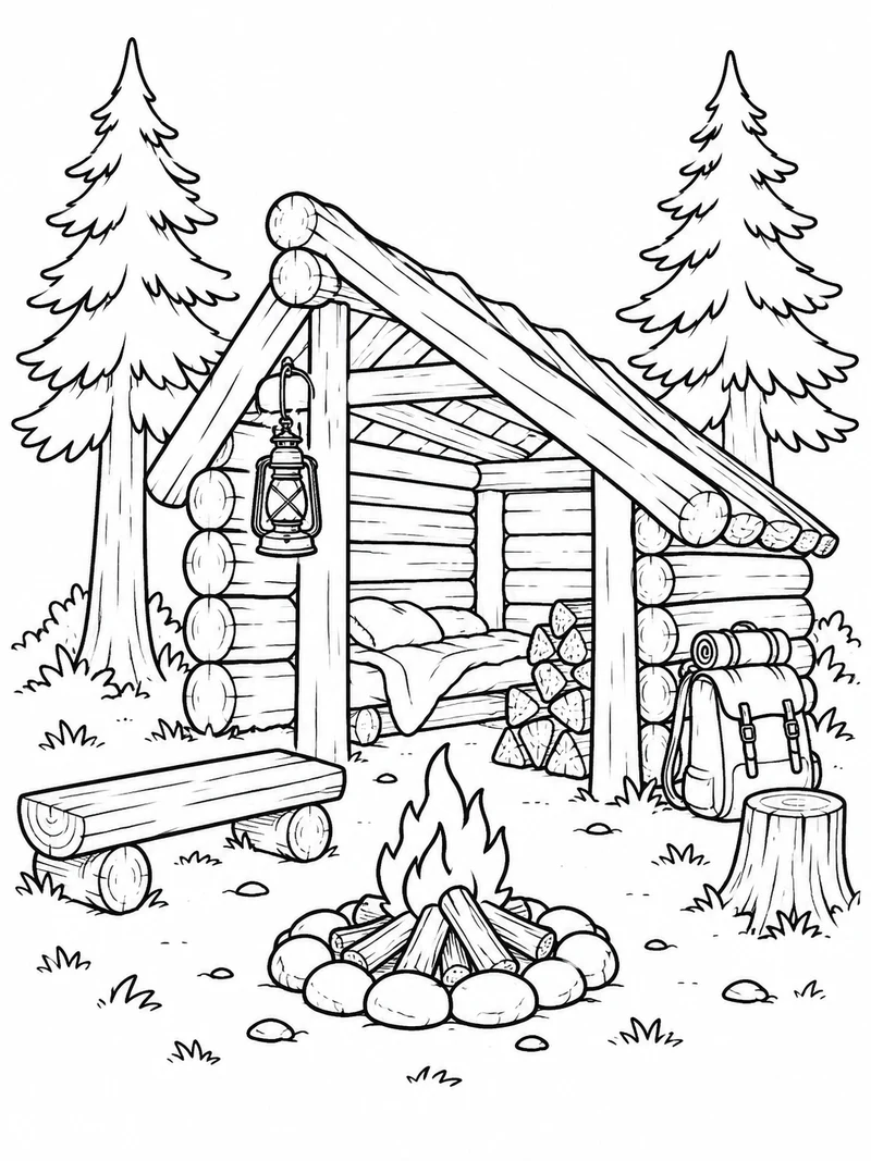 A small 99 Nights in the Forest inspired log shelter with a woodpile, lantern, backpack, and a tidy campfire outside, surrounded by two pines.