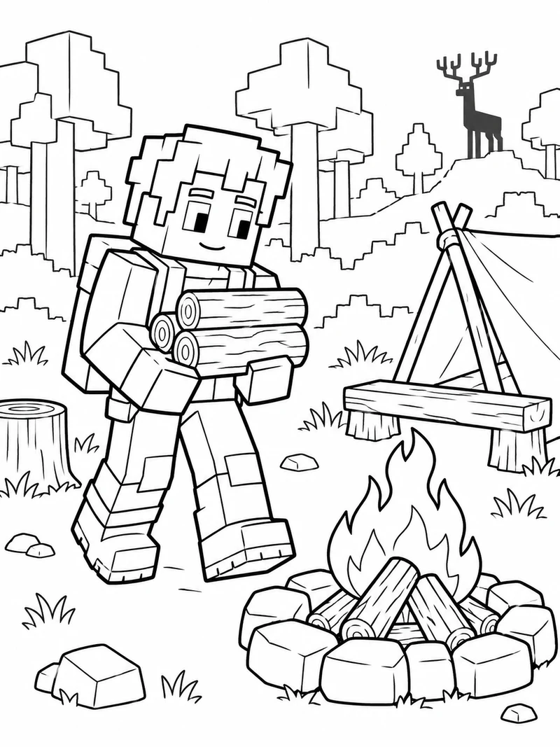 A blocky 99 Nights in the Forest survivor carries three short logs toward a small stone-ring campfire,.