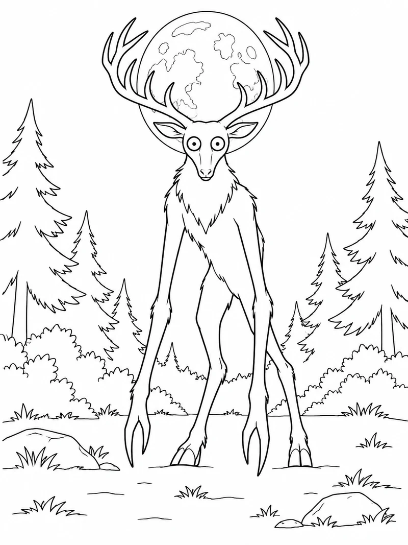 The upright antlered Deer from 99 Nights in the Forest stands in a clearing below a large outlined full moon, long limbs and recognizable staring face.