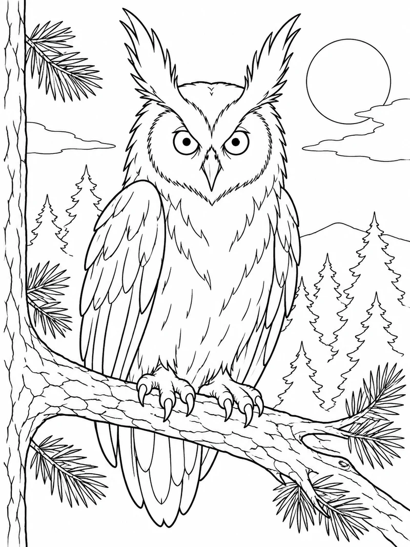 The Owl from 99 Nights in the Forest, a large eerie round-faced owl with tall feather tufts, staring eyes and long wing feathers, perches on a thick pine branch.