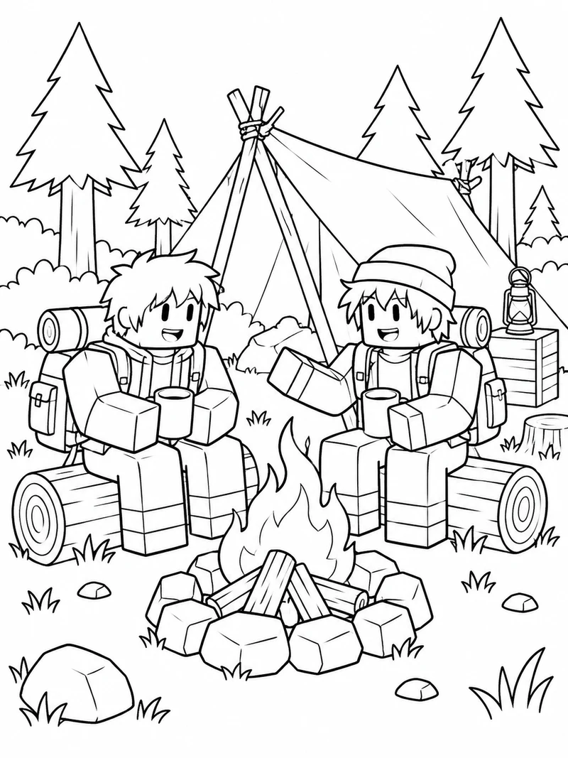 Two friendly blocky 99 Nights in the Forest survivors sit on logs beside a campfire, with backpacks and a simple shelter behind them.