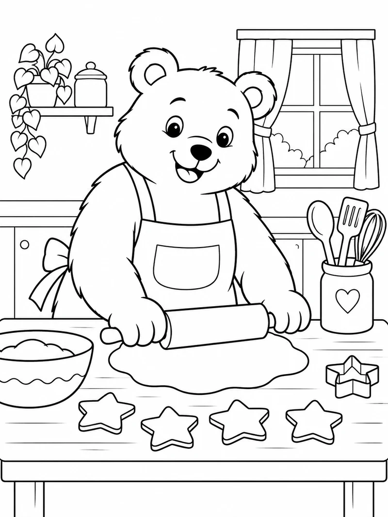A friendly bear wearing an apron uses a rolling pin beside four star-shaped cookies on a kitchen table.