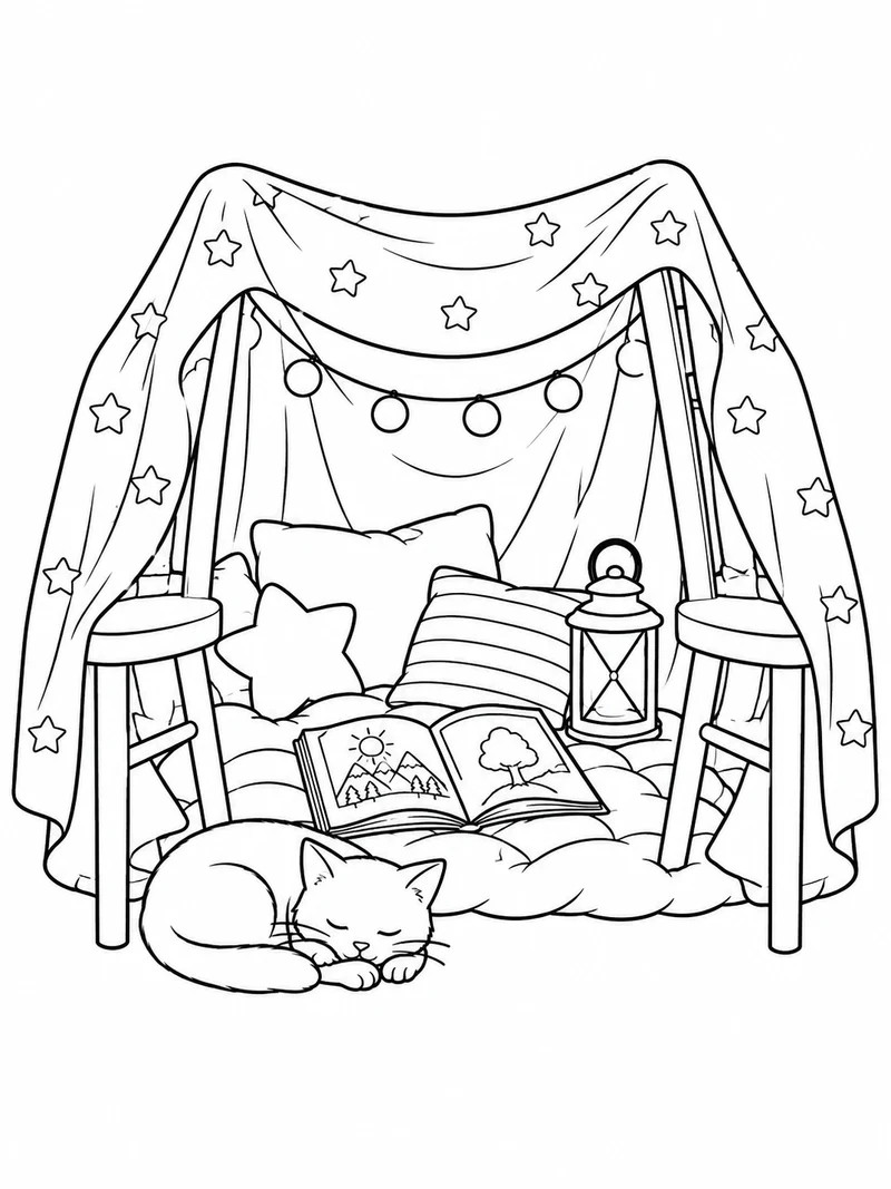 A blanket fort built over two chairs contains cushions, a lantern, and an open picture book, with a sleeping cat at the entrance.