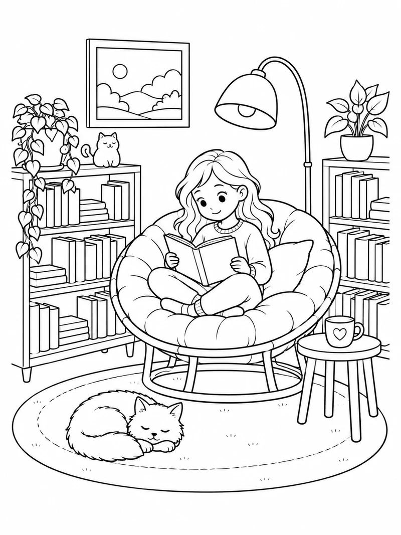 A cozy bookstore corner contains two short bookshelves, a round reading chair, a plant, and a floor lamp, no readable book text.