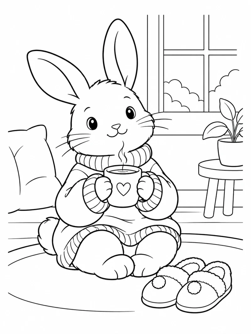 A seated bunny in an oversized sweater holds a steaming mug with both paws, beside a pair of slippers.