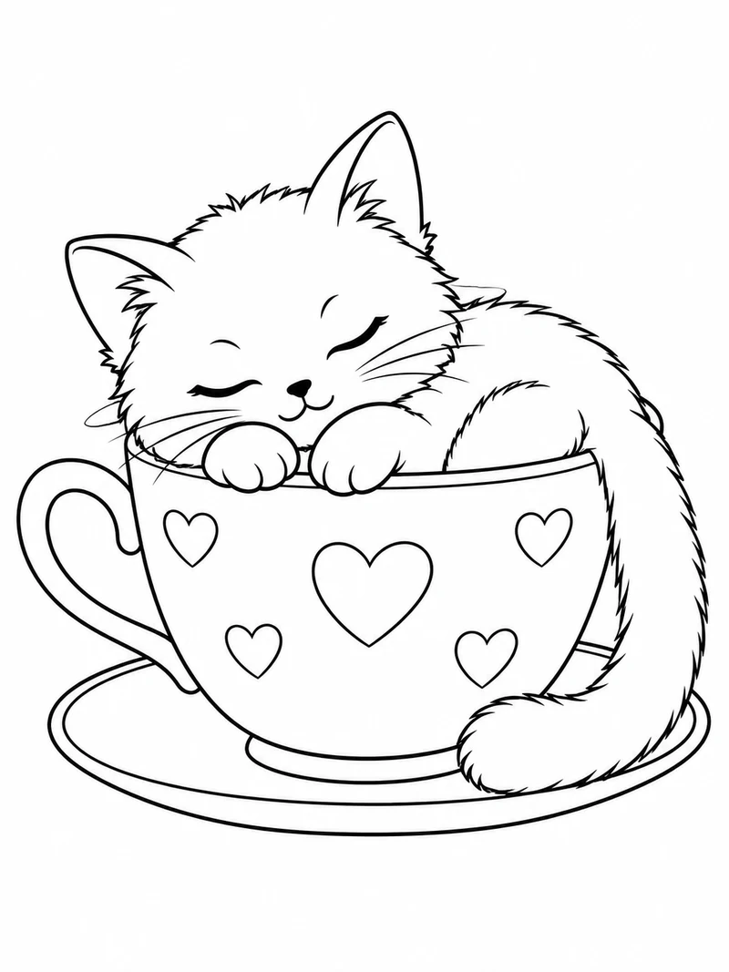 A small sleeping kitten curls inside an oversized teacup decorated with simple hearts, its tail resting on the saucer.