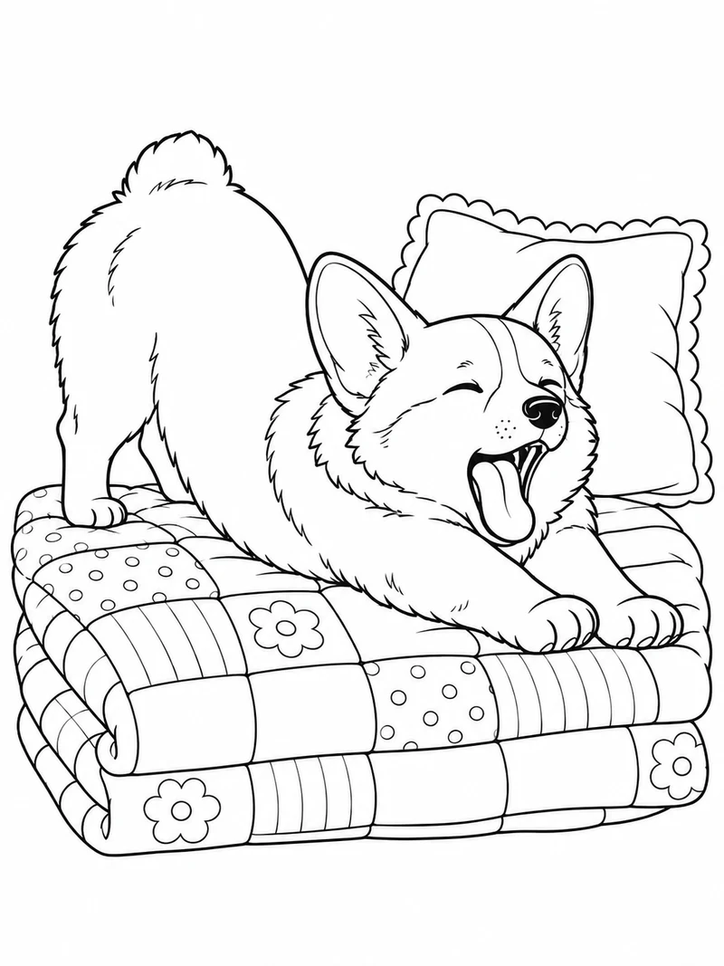A sleepy corgi stretches across a neatly folded patchwork quilt beside a small pillow.
