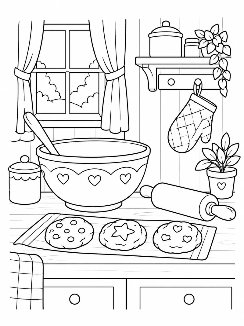 A tidy cottage kitchen counter holds a mixing bowl, rolling pin, three cookies, and a hanging oven mitt.