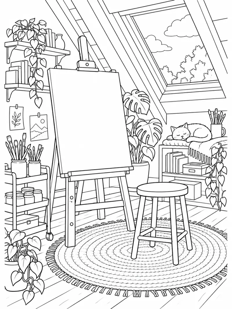 A small attic art room contains an easel with a blank canvas, a stool, paintbrush jars, a rug, plants, and a skylight.