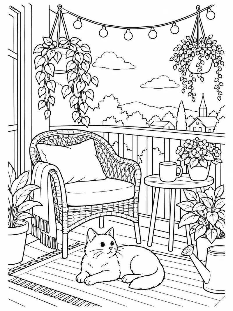 A small balcony has a wicker chair, cushion, hanging plants, a mug, and a string of outlined lights.