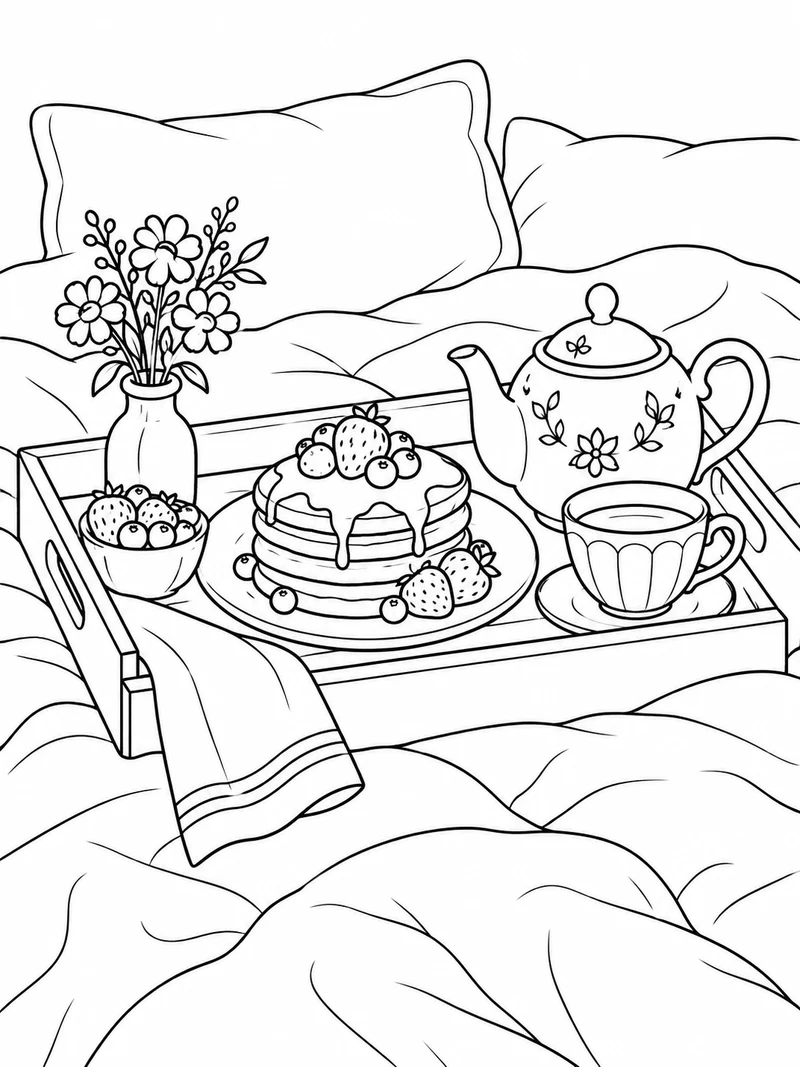 A breakfast tray holds pancakes, berries, a teapot, and a small flower vase on a rumpled blanket.