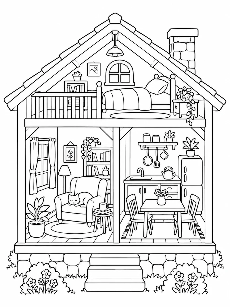 A small dollhouse-style cottage cutaway shows a reading room, kitchenette, and loft bed with clean simple furniture shapes.
