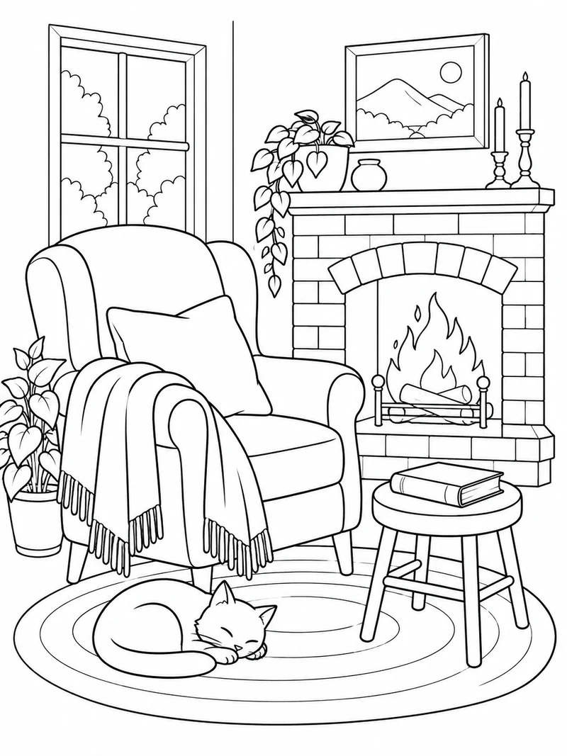 A plush armchair with a draped blanket sits next to a small brick fireplace, a closed book resting on a stool.