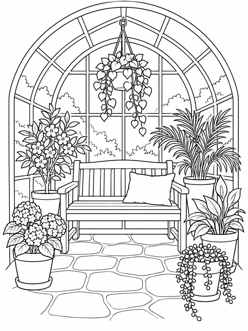 A wooden bench with a cushion sits inside a small arched greenhouse among six different potted plants.