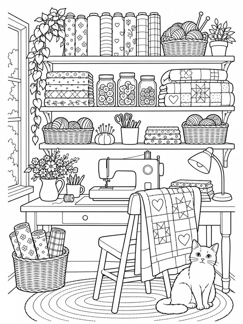 Open shelves hold fabric rolls, yarn baskets, jars of buttons, folded quilts, and a small sewing machine on the desk below.
