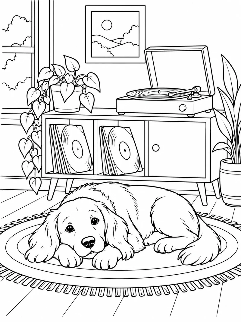 A relaxed floppy-eared dog lies on a rug beside a record player on a low cabinet with two records.
