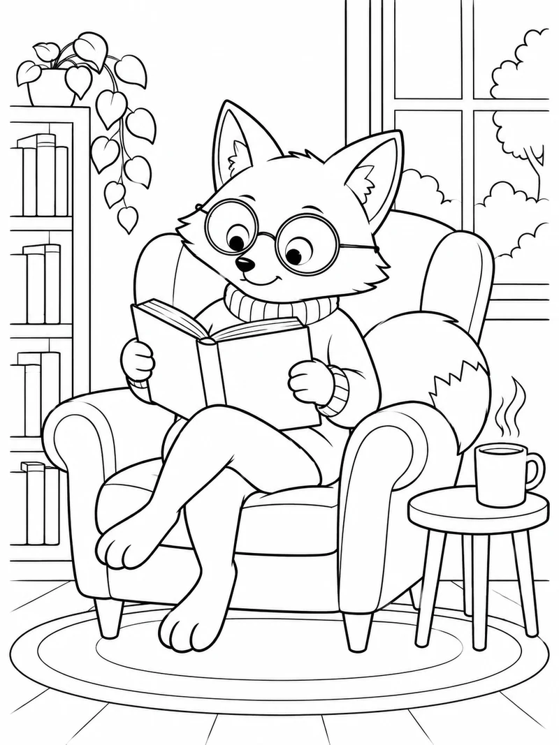 A fox wearing round glasses reads a book in a cushioned armchair, with a mug on a tiny table.