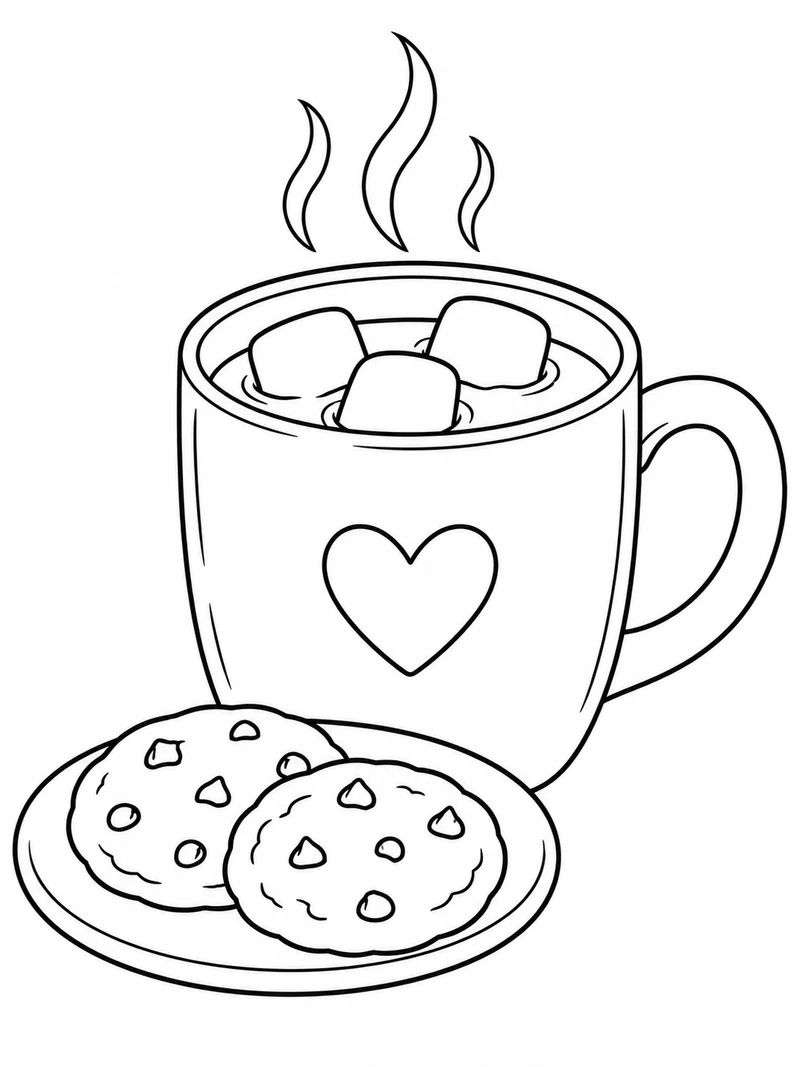 A large mug of hot chocolate with three marshmallows sits beside two cookies on a small saucer.