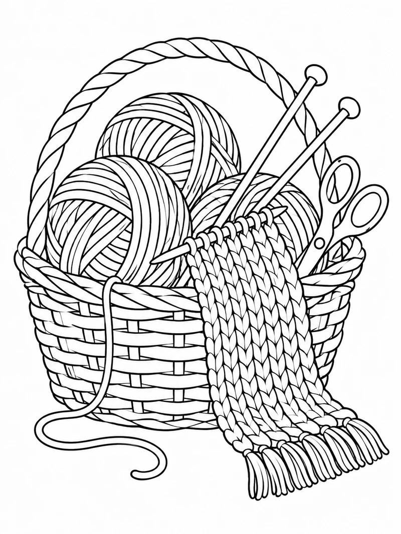 Three large balls of yarn, knitting needles with a partly knitted scarf, and a pair of scissors sit in a basket.