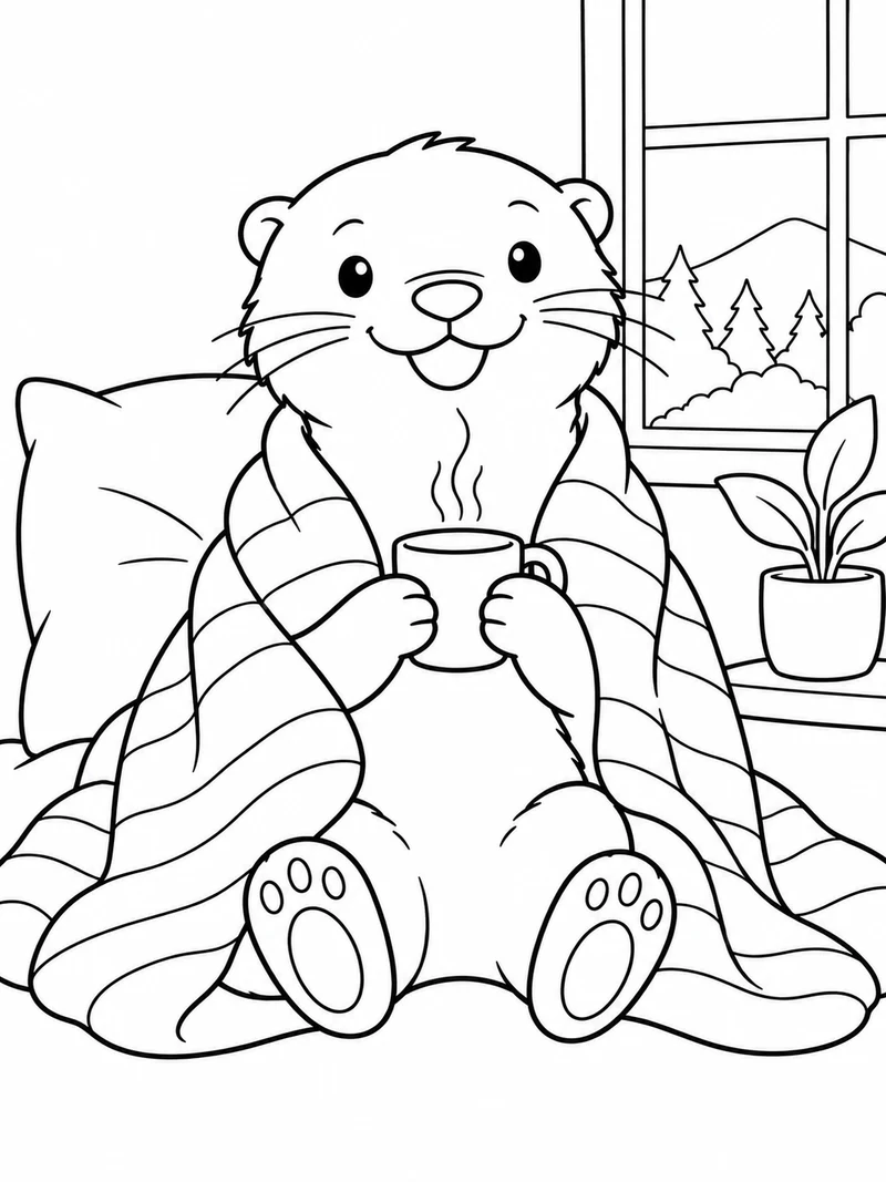 A smiling otter sits wrapped in a wide striped blanket holding a small cup, its round feet visible.