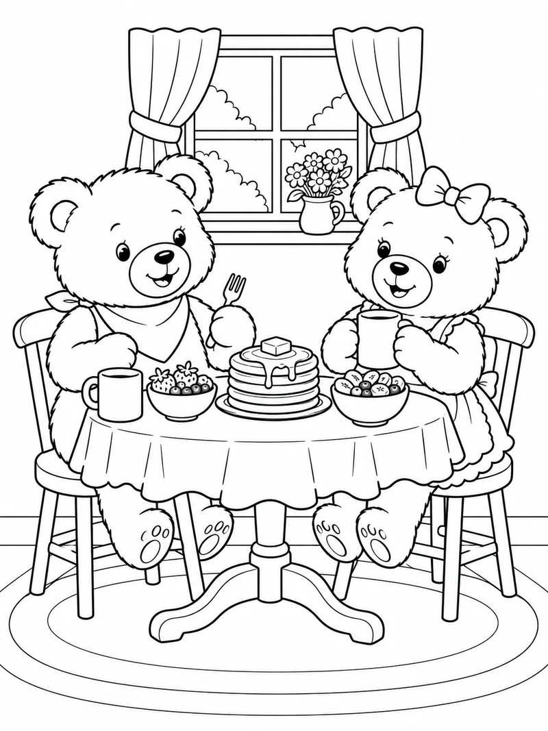 Two teddy bears share a small breakfast table with pancakes, fruit bowls, and two mugs, full figures visible.