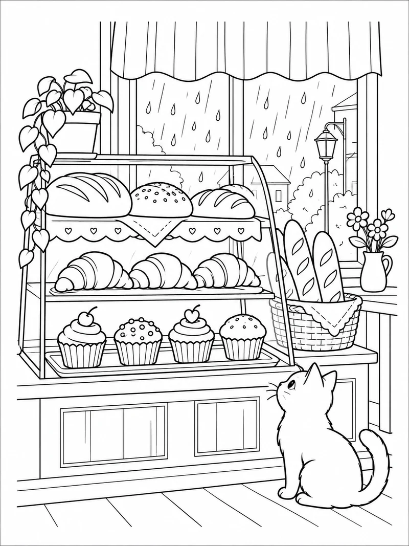 A small bakery display contains bread loaves, croissants, cupcakes, and a striped curtain, with rain drops on the window.