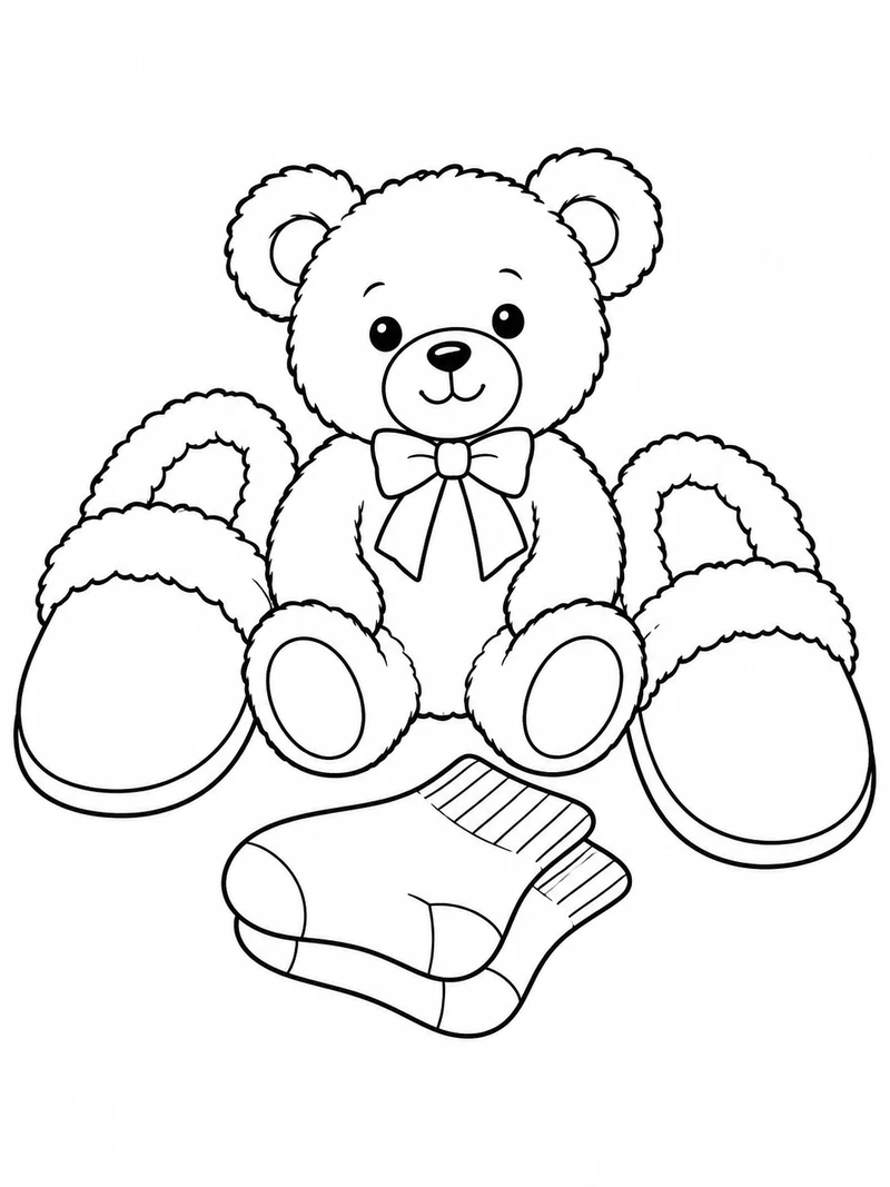 A teddy bear sits between two large fuzzy slippers beside a folded pair of socks.