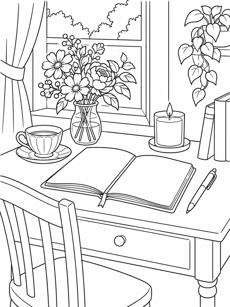 An open blank journal, a pen, a teacup, a flower vase, and a candle sit on a small writing desk.