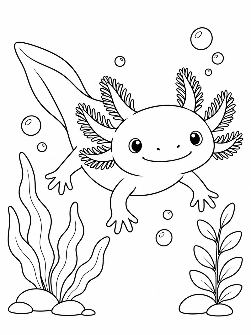 A smiling axolotl with six feathery external gills floats among bubbles and two simple water plants.
