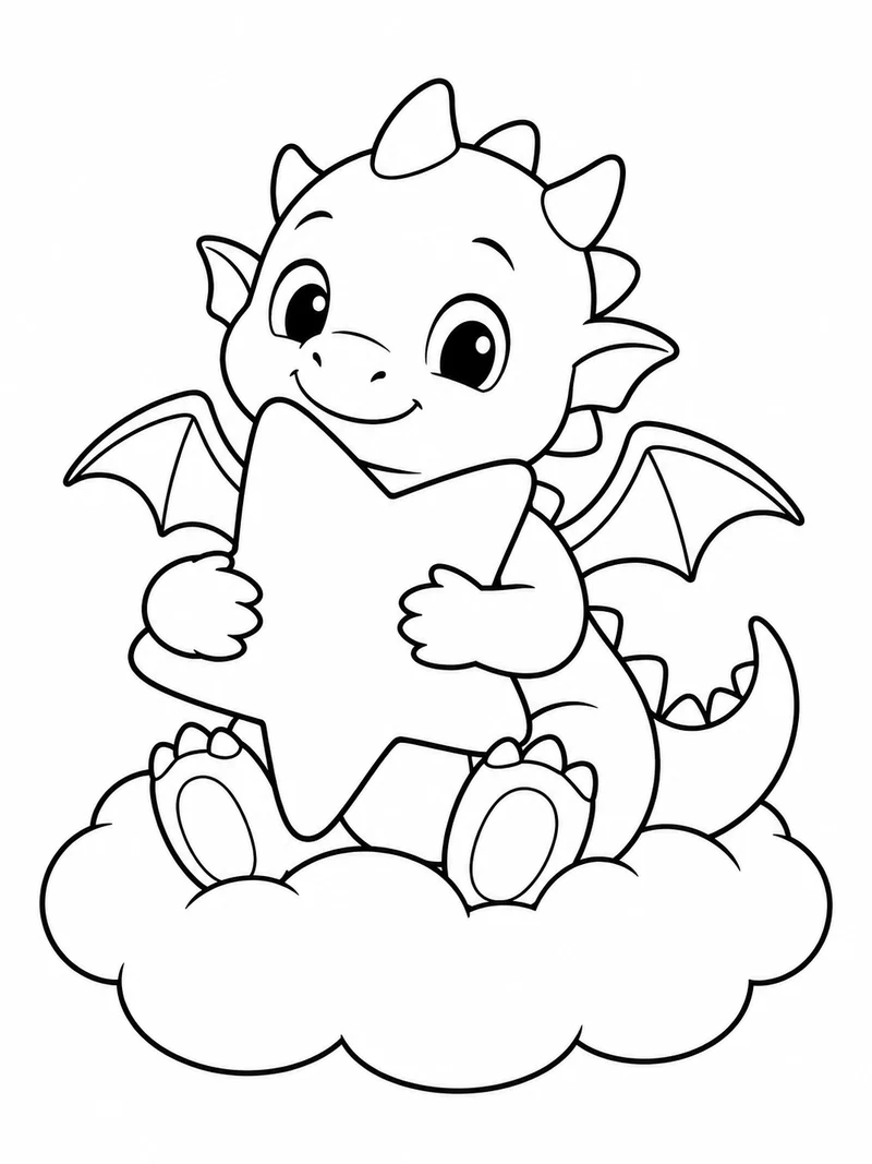 A tiny friendly dragon with small wings hugs a large five-pointed star while sitting on a cloud.