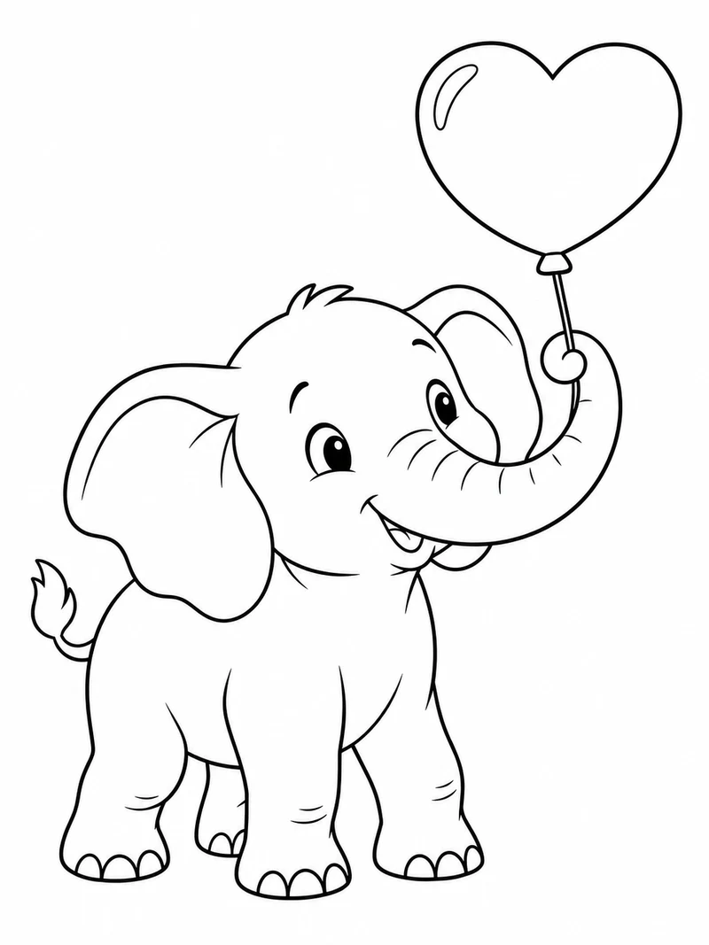 A baby elephant holds a heart-shaped balloon with its curled trunk.
