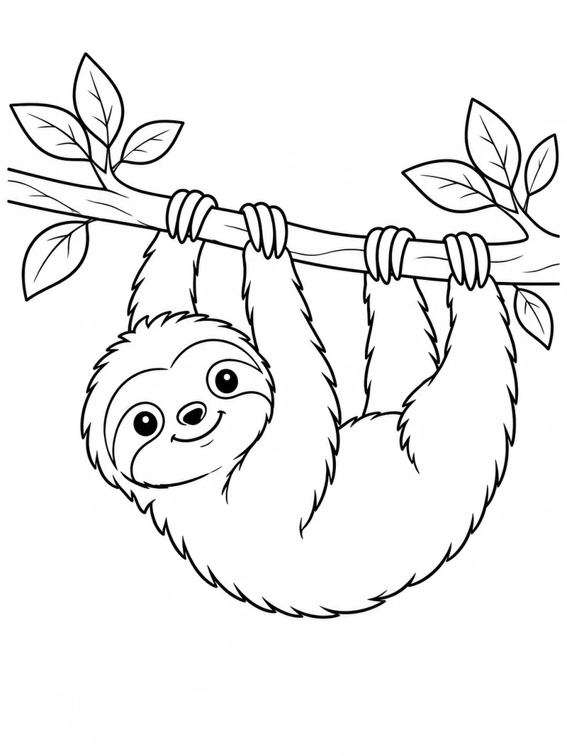 A small smiling sloth hangs from a leafy branch with all four limbs clearly shown.