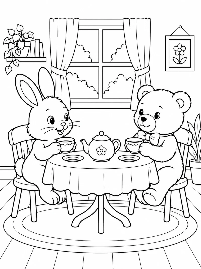 A bunny and a teddy bear sit opposite each other at a small table with two teacups and a teapot.