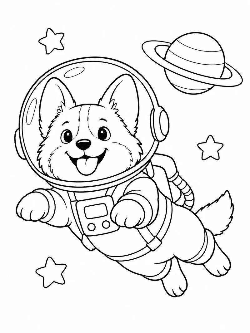 A smiling corgi in a simple space suit floats beside a small ringed planet and three stars.