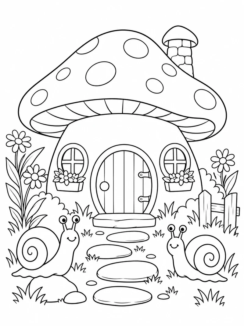 A mushroom-shaped cottage has a round door, two windows, stepping stones, and two smiling snails outside.