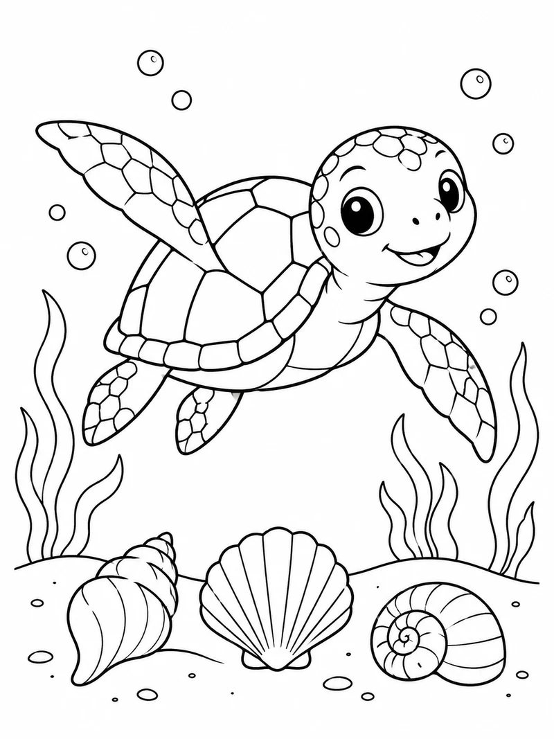 A baby sea turtle swims above three seashells, its shell divided into large clear plates.