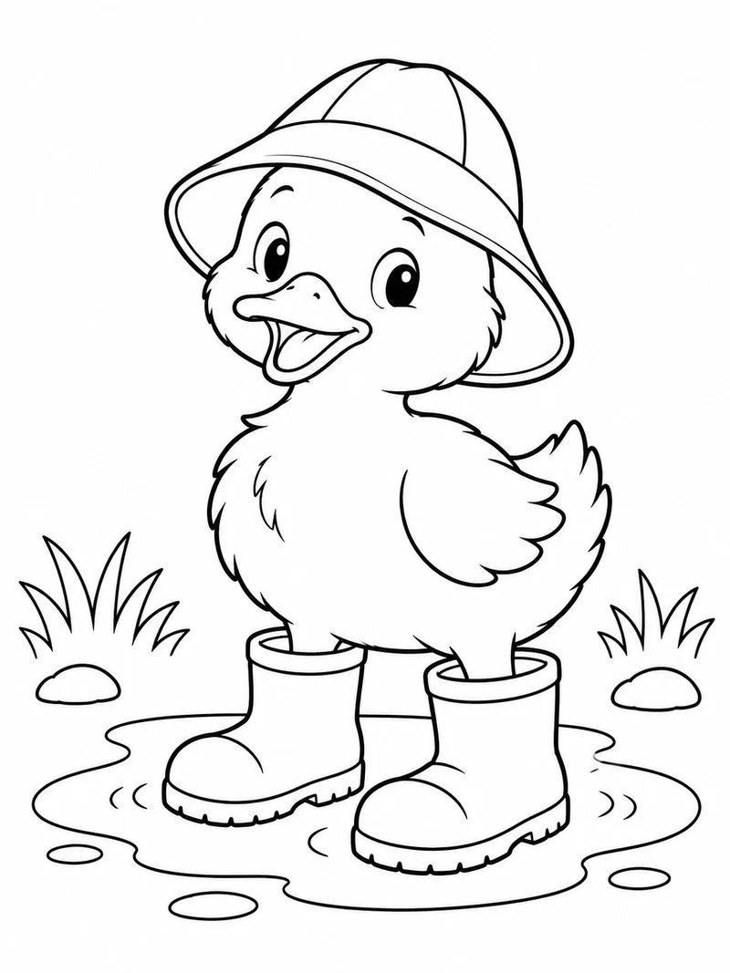 A fluffy duckling wears a rain hat and two oversized boots beside a little puddle.