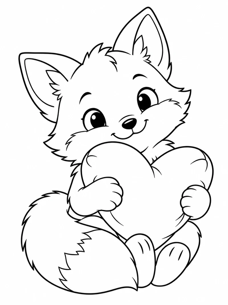 A seated baby fox hugs an oversized heart-shaped pillow, its tail curled around its feet.