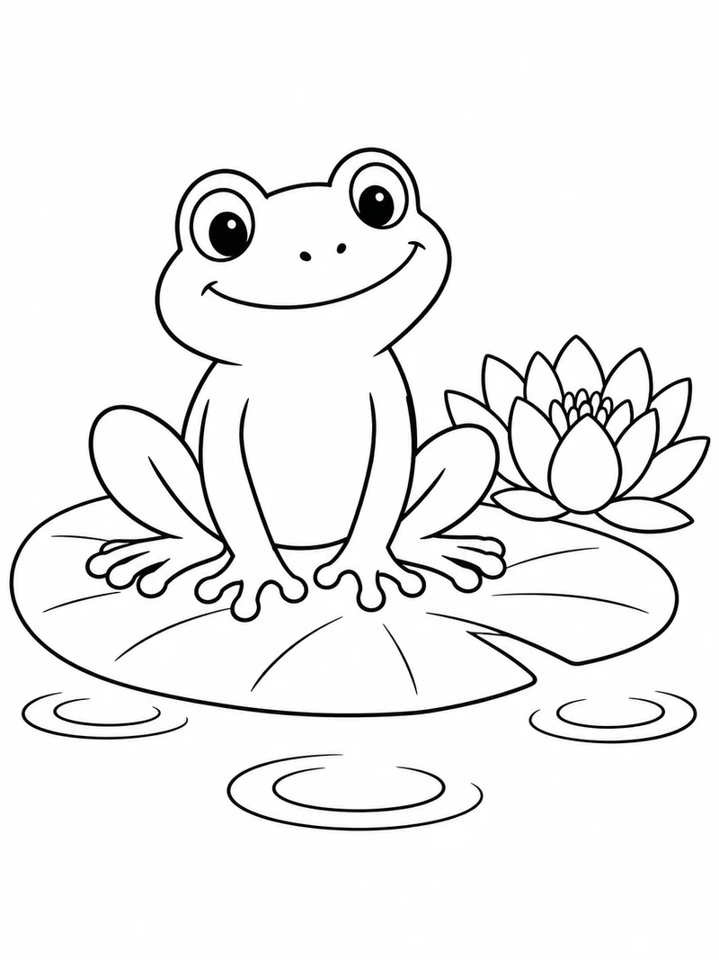 A smiling frog sits on one large lily pad beside a water lily and three round ripples.