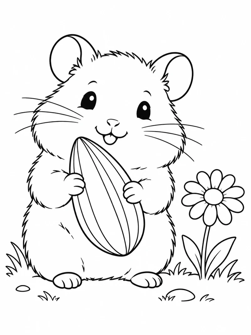 A tiny hamster holds an oversized sunflower seed between its paws beside a small daisy.