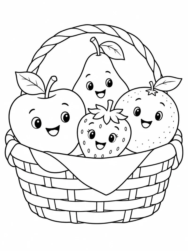 A small basket holds smiling apple, pear, strawberry, and orange characters with simple friendly faces.
