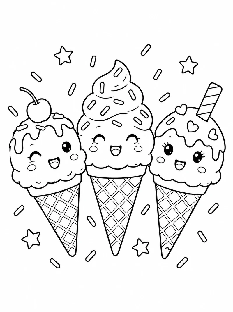 Three smiling ice cream cones with different toppings stand together, with sprinkles and small outlined stars.