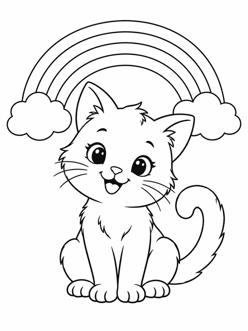 A seated kitten with a curled tail smiles beneath a simple five-band rainbow and two puffy clouds.