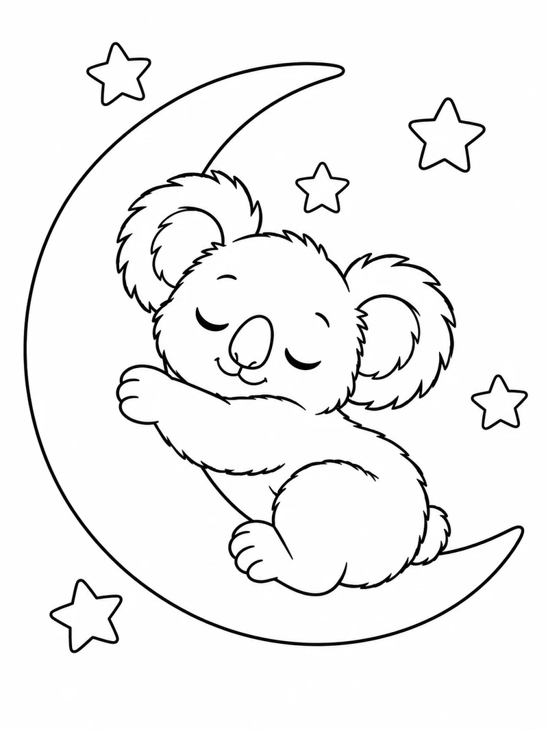 A sleepy koala hugs a crescent moon surrounded by outlined stars.